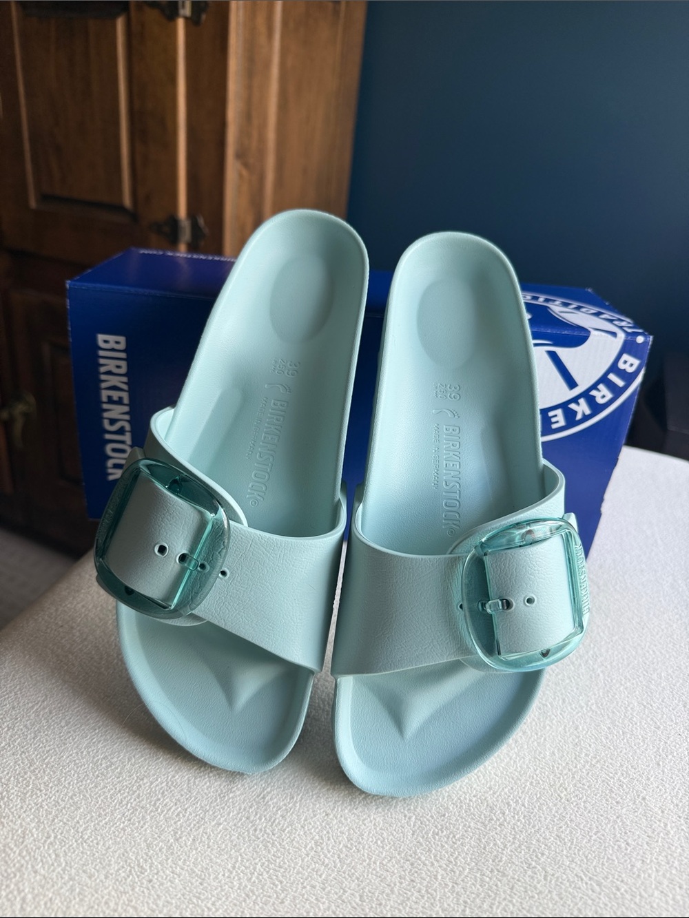 NIB Birkenstock Madrid big buckle EVA slide sandals, surf green, sz 39